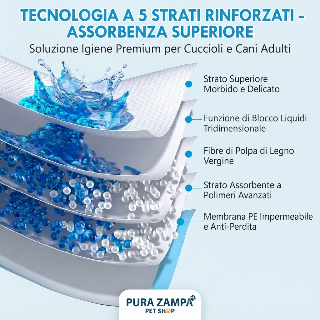 100 Tappetini/Traversine Igienici per Cani 33x45 cm, Assorbenti a 5 Strati Pura Zampa