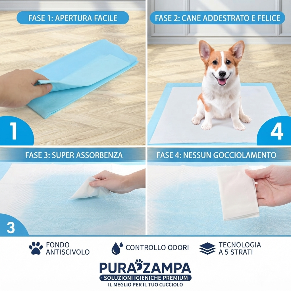 100 Tappetini/Traversine Igienici per Cani 33x45 cm, Assorbenti a 5 Strati Pura Zampa