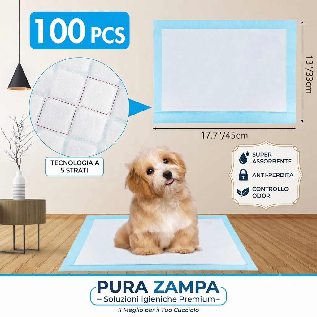 100 Tappetini/Traversine Igienici per Cani 33x45 cm, Assorbenti a 5 Strati Pura Zampa