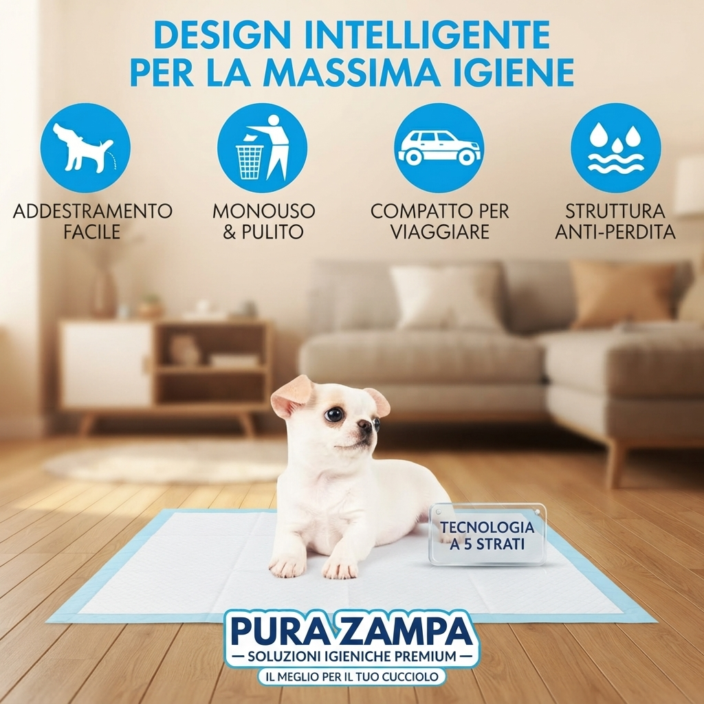 100 Tappetini/Traversine Igienici per Cani 33x45 cm, Assorbenti a 5 Strati Pura Zampa