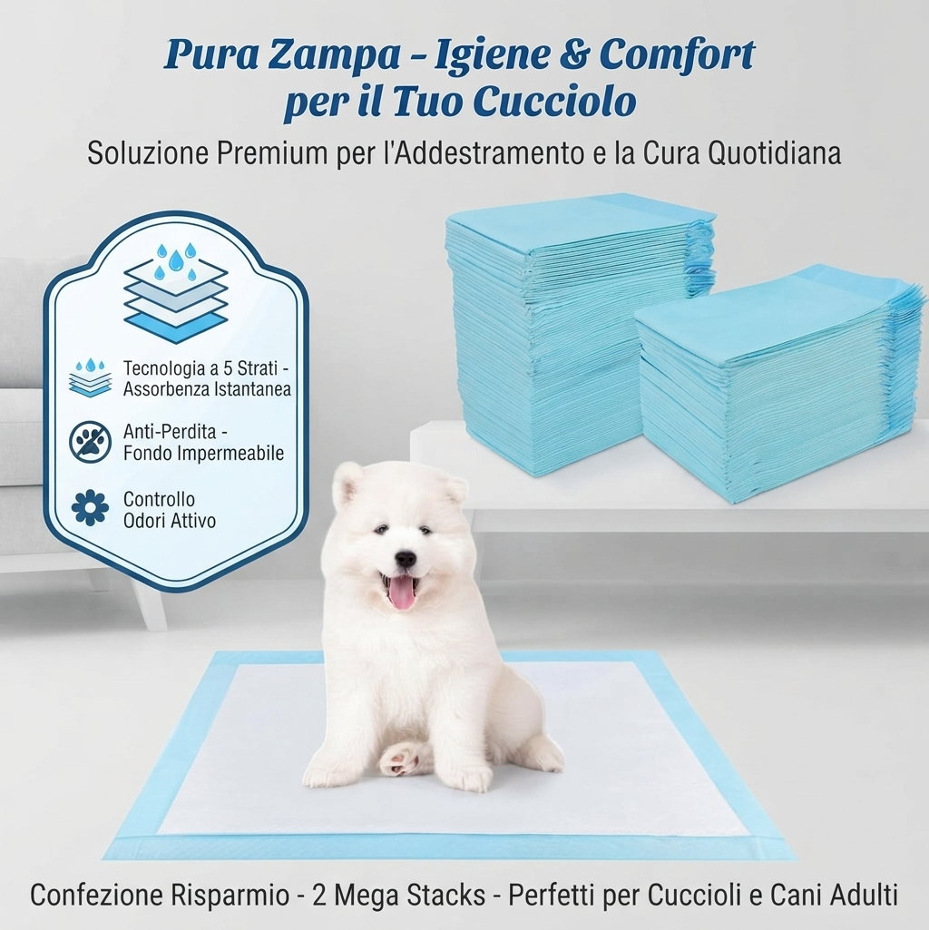 100 Tappetini/Traversine Igienici per Cani 33x45 cm, Assorbenti a 5 Strati Pura Zampa