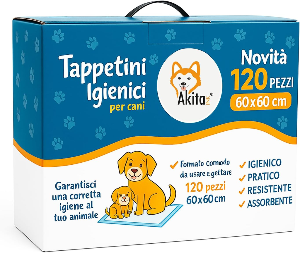 120 Tappetini Igienici per Cani 60x60cm, Alta Assorbenza e Controllo Odori, Akita Inu